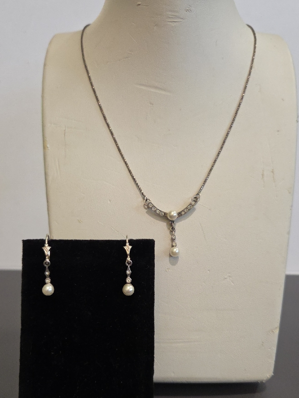 Pearl Drop Necklace and Earrings Set - Silver 925